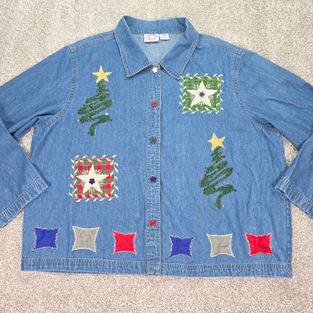 Vintage Carolina Blues Denim Christmas Shirt Womens 18/20 Embroidered Patchwork